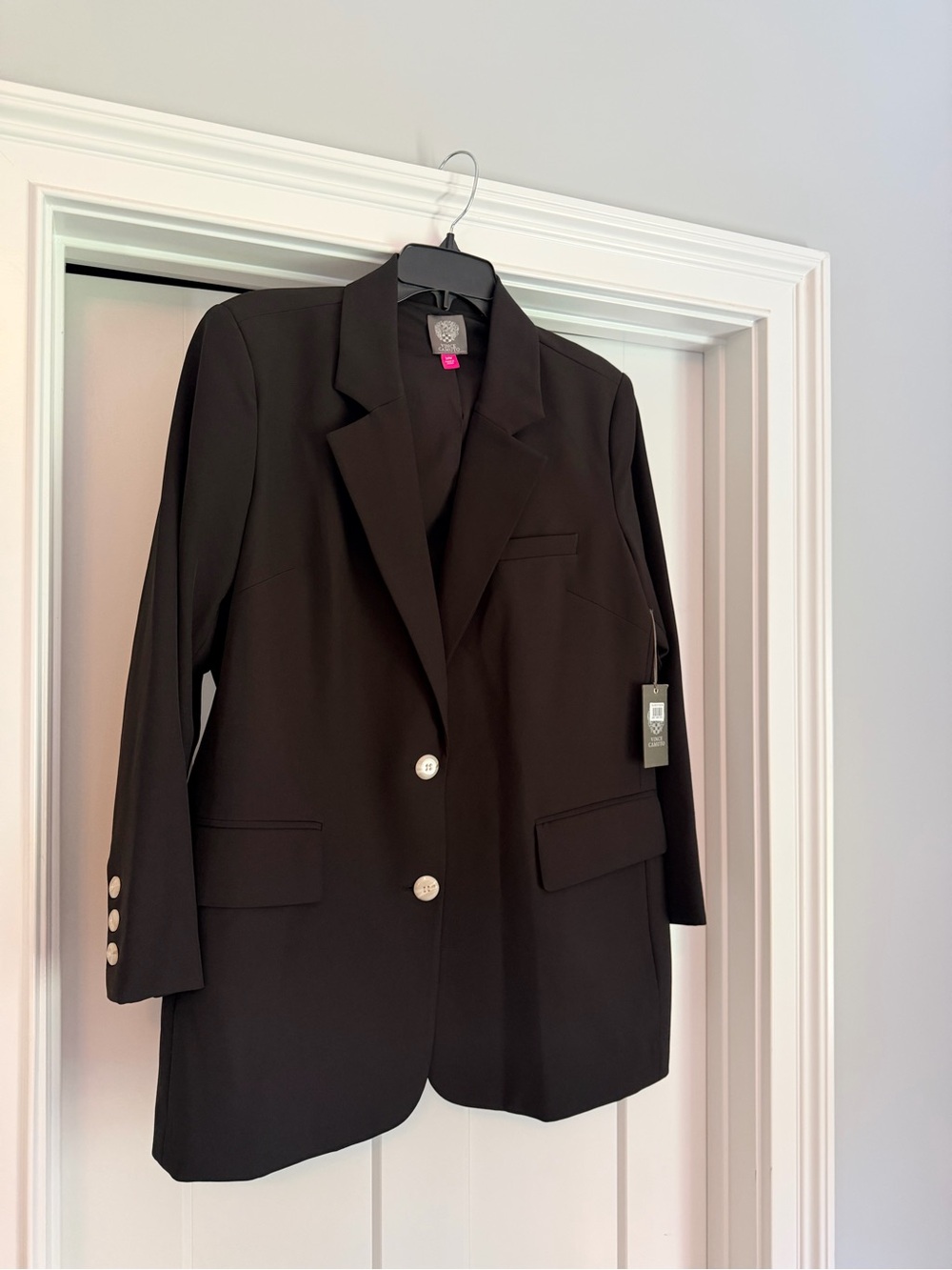 Vince Camuto Black Longline Single-Breasted Blazer with Silver Buttons